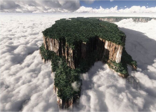 Гора Рорайма, стык Венесуэллы, Бразилии и Гайаны. Высота в точке соединения границ трёх стран составляет 2723 метра над уровнем моря. На вершине Рораймы расположено широкое плато диаметром в 31 километр, а его окружают отвесные утёсы по 400 метров в высоту.