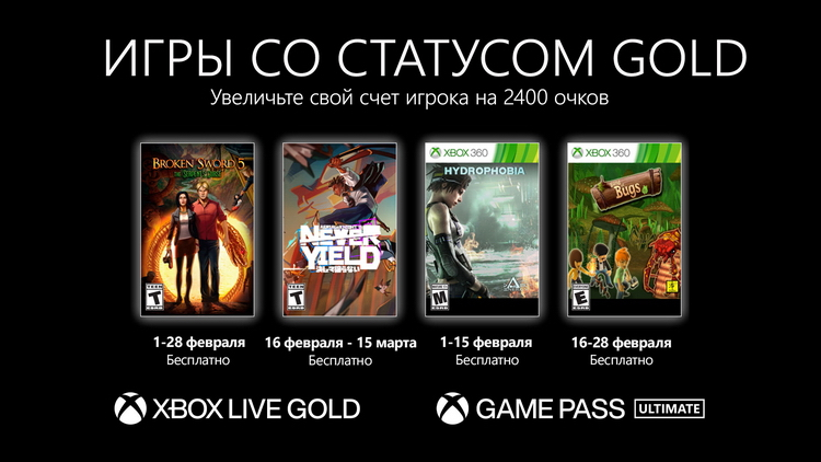 Games wih Gold в феврале: Broken Sword 5: The Serpent's Curse, Hydrophobia и другие игры