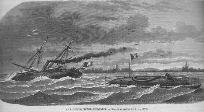 The Plongeur. История подводных лодок началась еще в 415 году до нашей эры, а вот первой подлодкой на «человеческой тяге» был французский Plongeur, который двигался за счет сжатого воздуха. Впервые его испытали в 1863 году, а в 1872 он уже был снят с эксплуатации